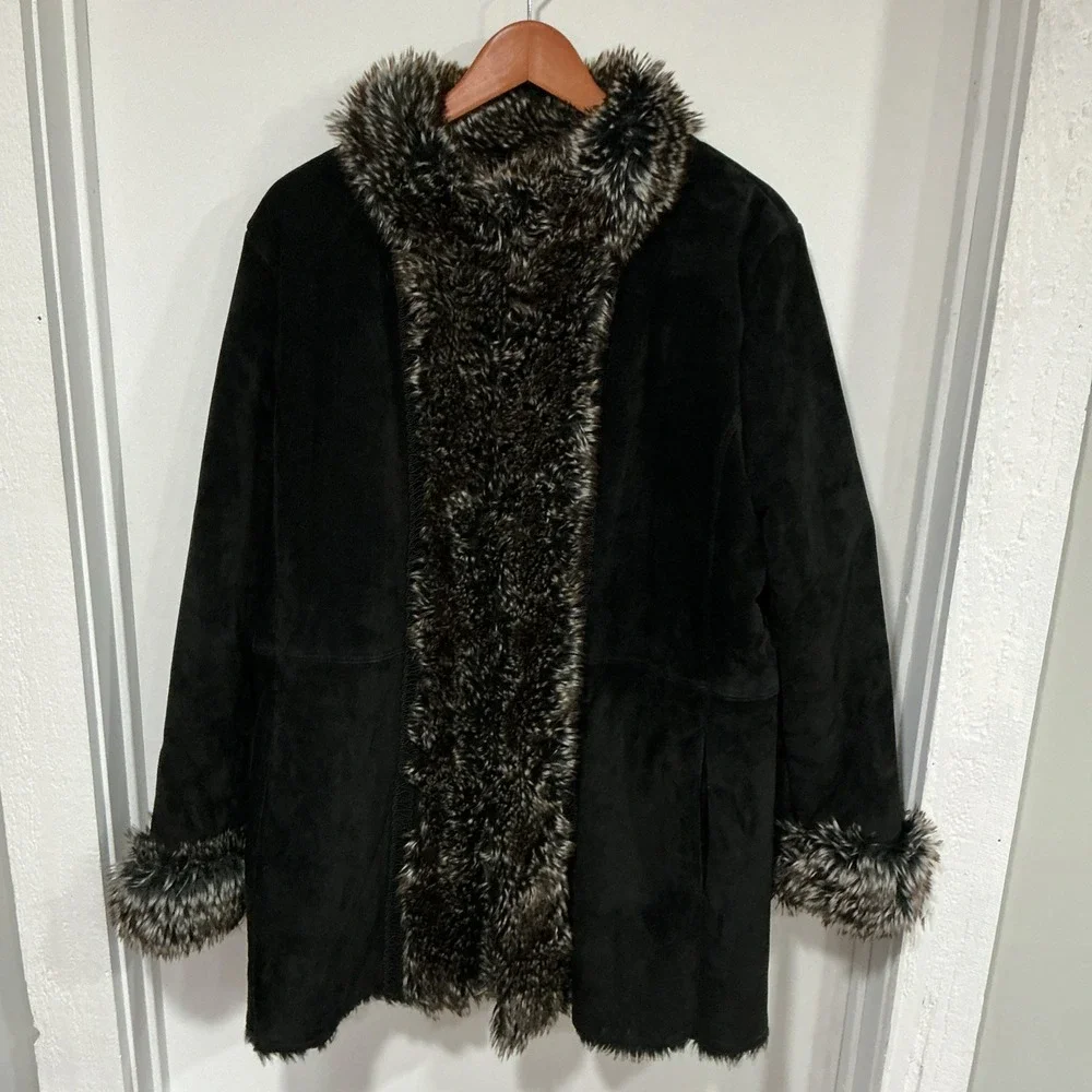 LNR Penny Lane Style Real Suede Leather, Faux Fur Coat, Black, XL, EUC - Picture 1 of 11